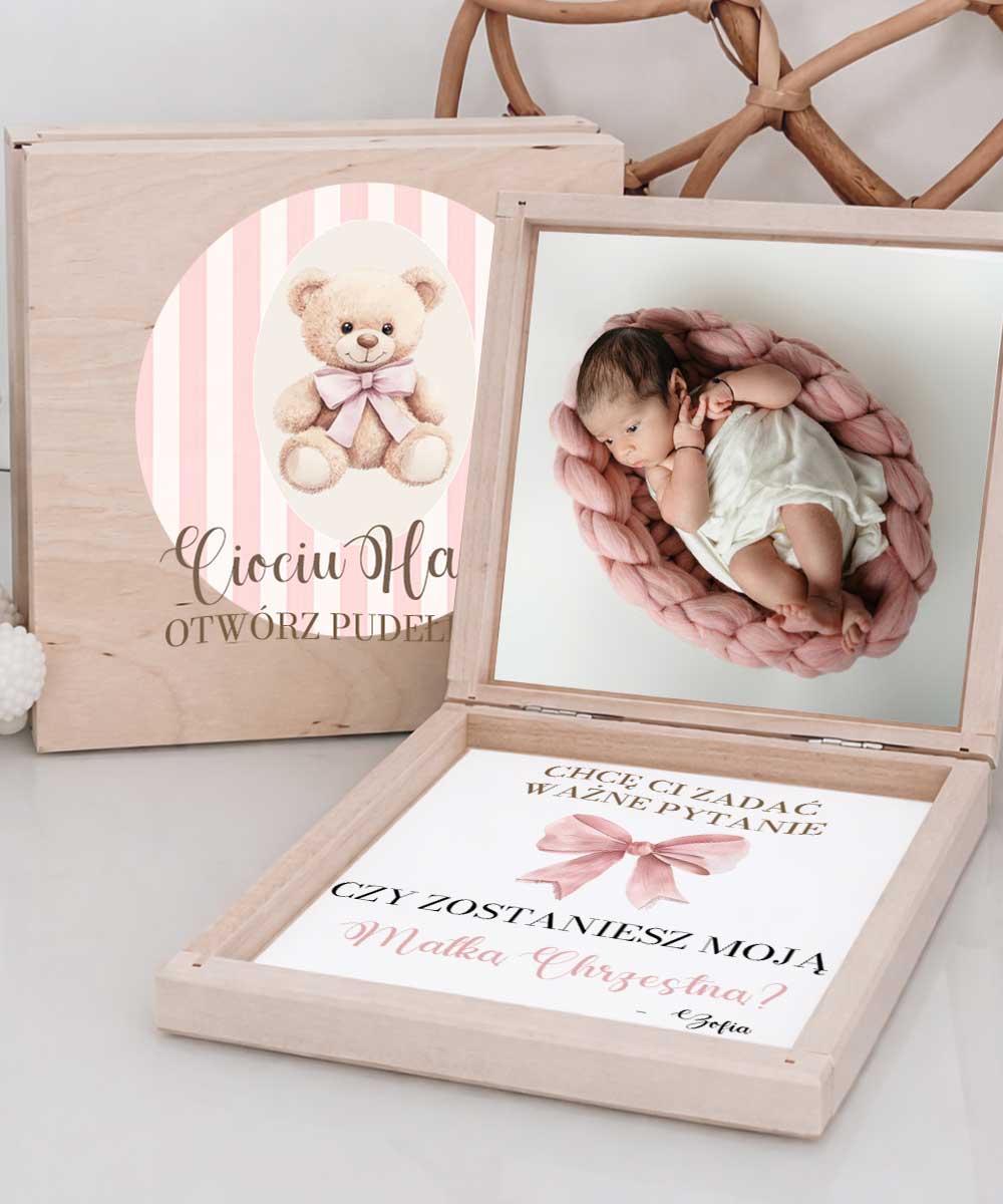 Prośba dla Matki Chrzestnej w pudełeczku – zapytanie o chrzest Miś