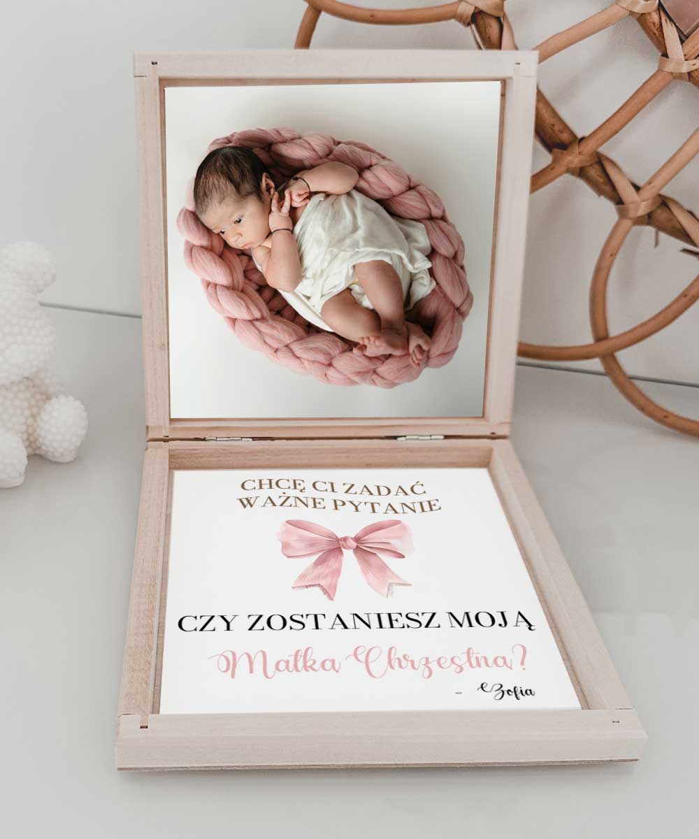 Prośba dla Matki Chrzestnej w pudełeczku – zapytanie o chrzest Miś