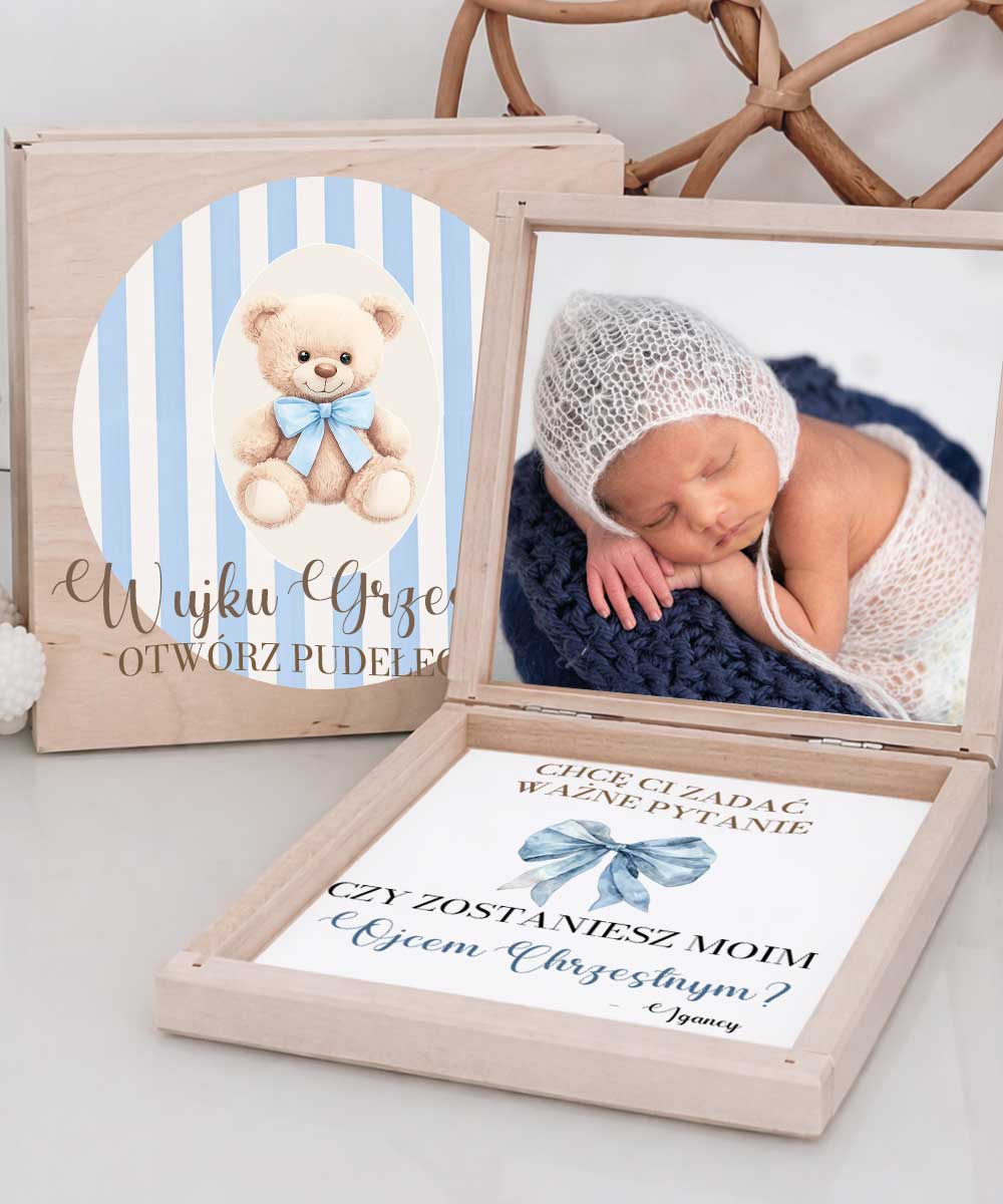 Prośba dla Ojca Chrzestnego w pudełeczku – zapytanie o chrzest Miś