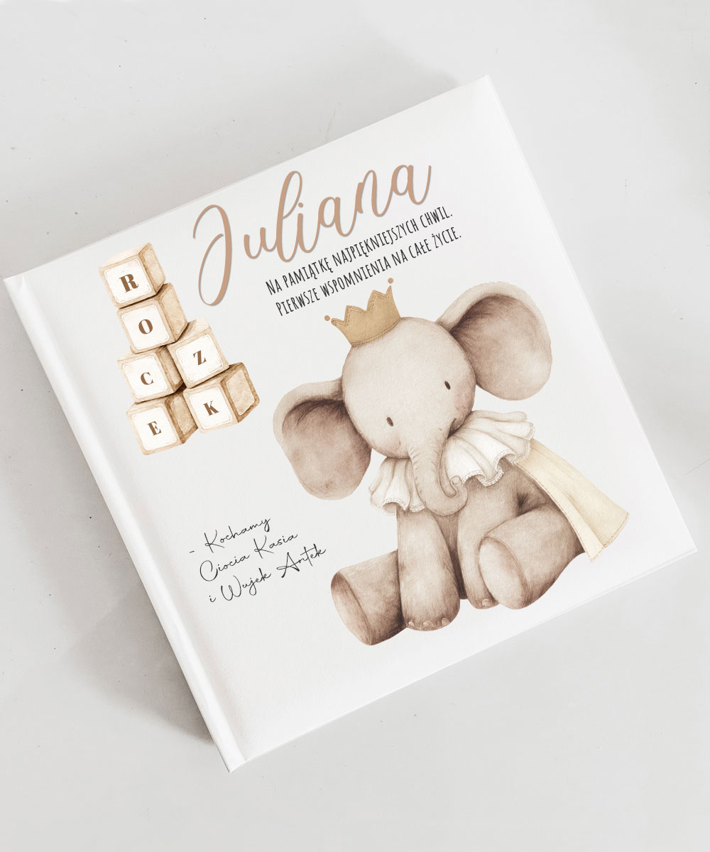 Personalizowany album na roczek z dedykacją Słonik na szczęście