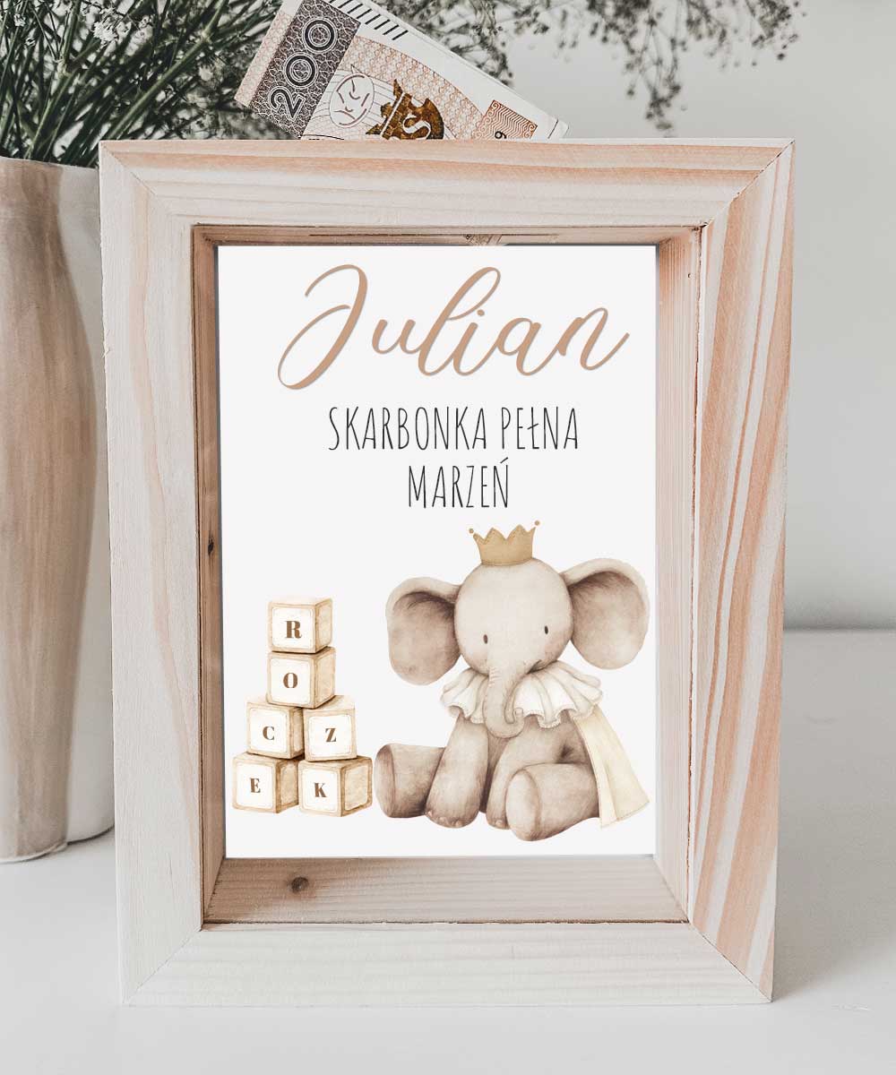 Drewniana skarbonka na Roczek z Imieniem – Personalizowany Prezent Słonik