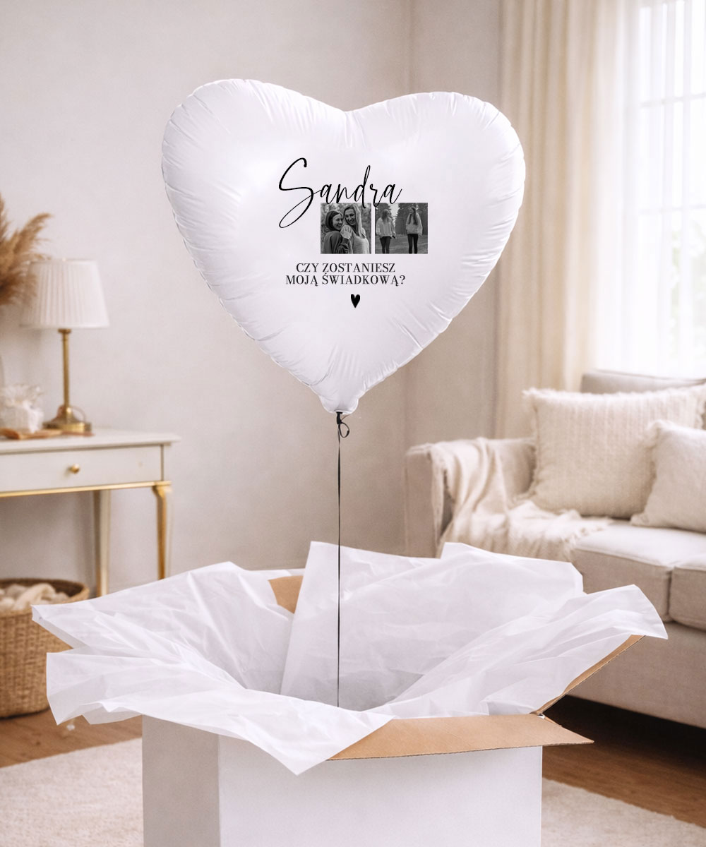 Prezent z pytaniem czy zostaniesz moją świadkową – balon ze zdjęciami w pudełku