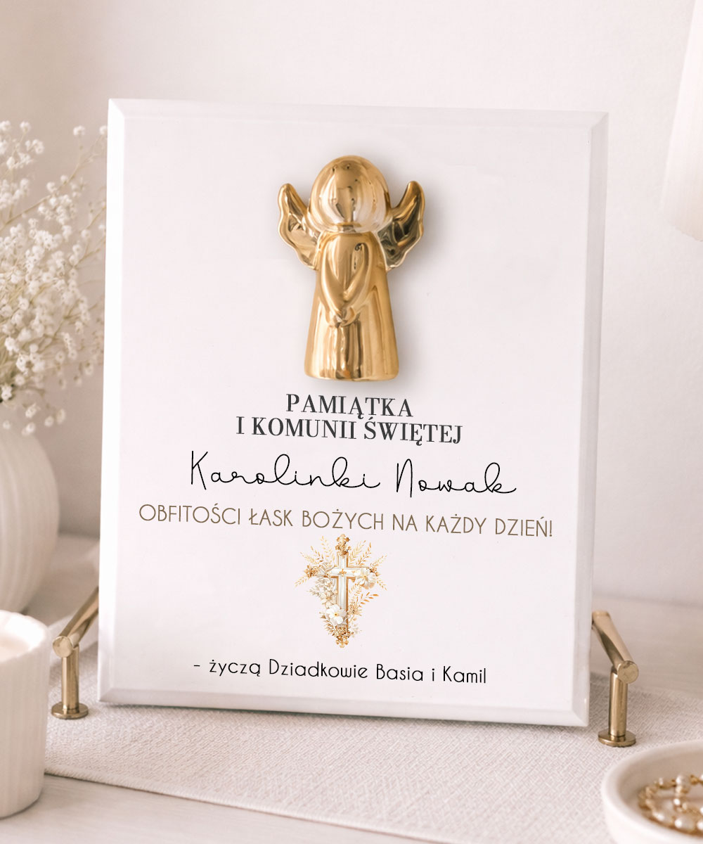 Pamiątkowy obrazek z aniołkiem z okazji Pierwszej Komunii Świętej - Obfitości łask