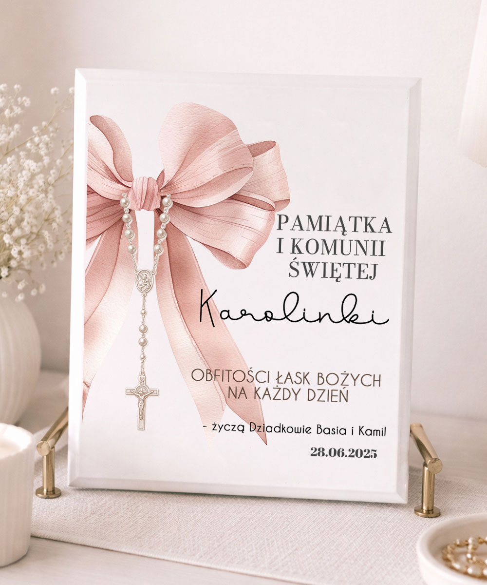 Pamiątka Komunii Świętej dla dziewczynki – obrazek z dedykacją KOKARDA