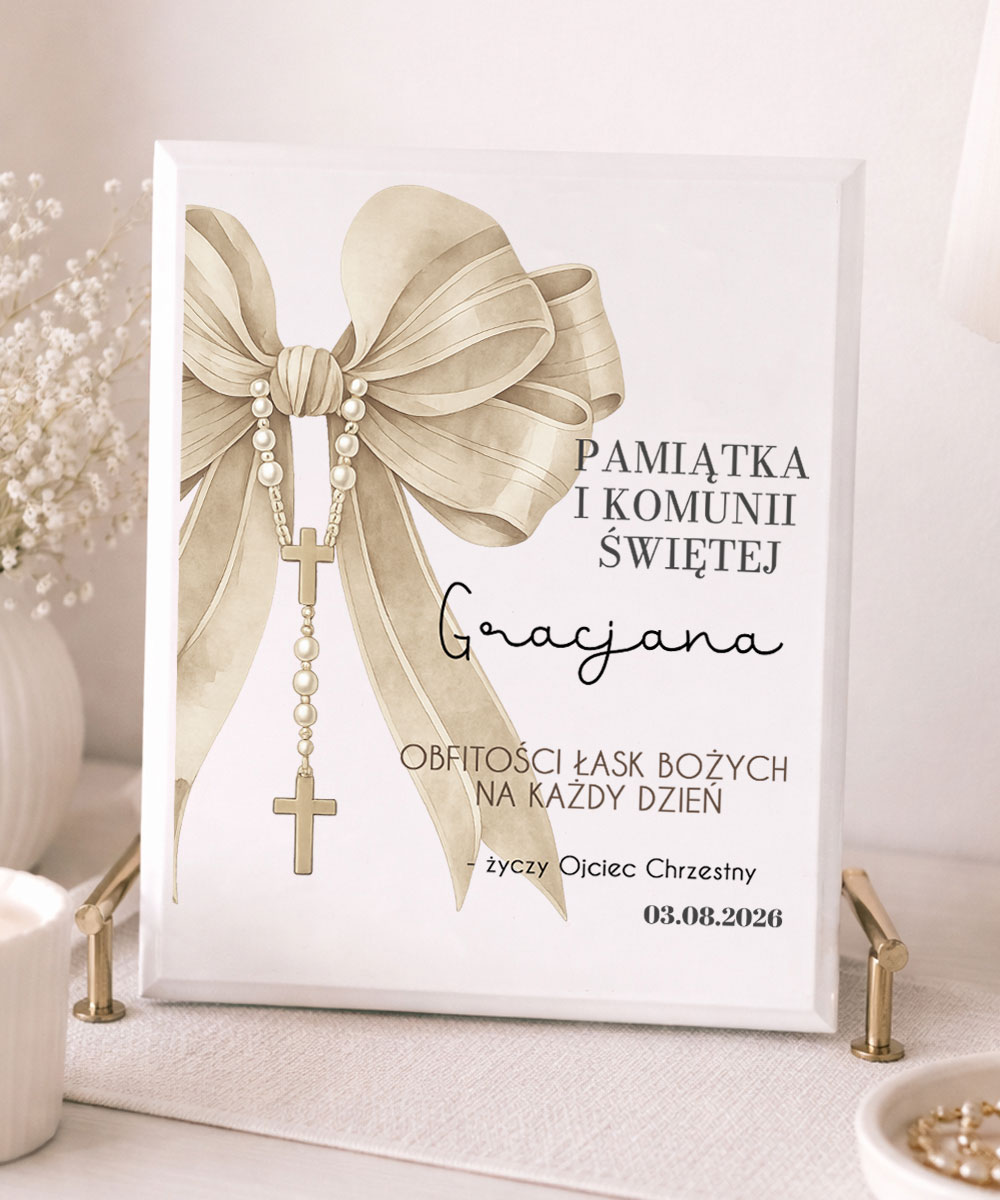Obrazek Komunia Święta – elegancka pamiątka z imieniem i datą BEŻ KOKARDA