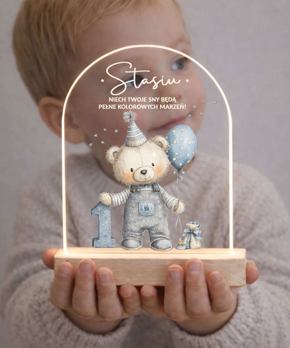 Lampka nocna dla chłopca na prezent Roczek – Miś z balonikiem