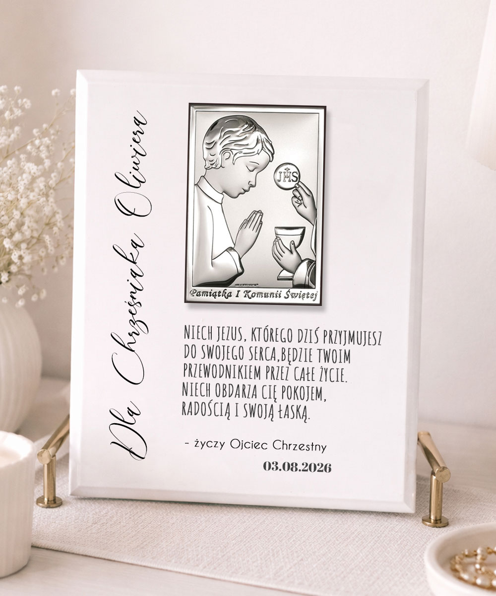 Obrazek na Komunię od chrzestnego – srebrny emblemat + personalizacja