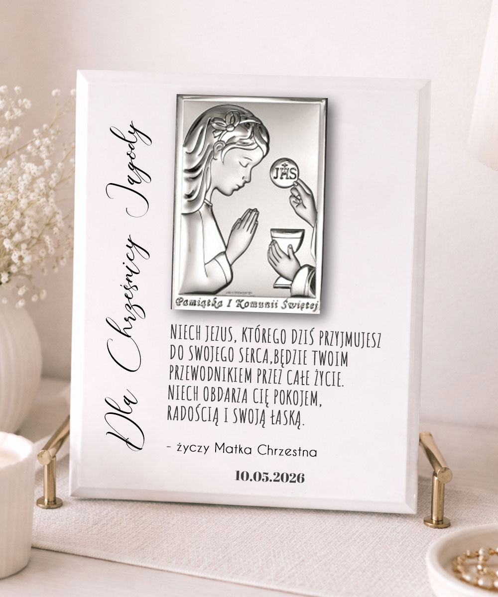 Obrazek na Komunię od chrzestnej z srebrnym emblematem – personalizowany