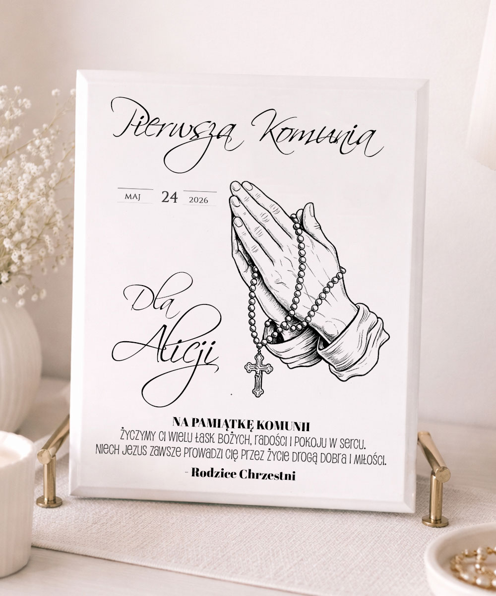 Elegancki prezent na Komunię – personalizowany obrazek z dedykacją Różaniec
