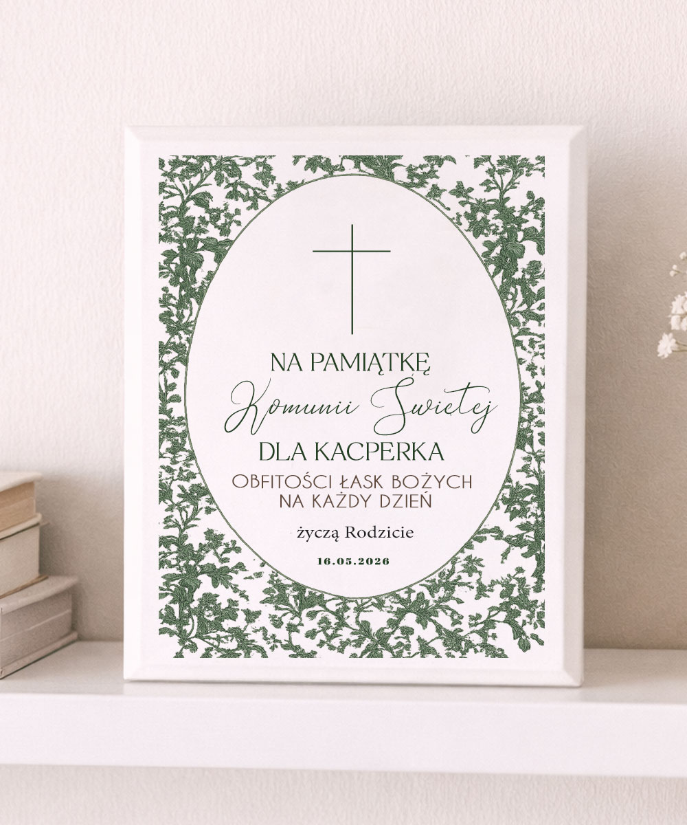 Symboliczny prezent komunijny – obrazek z personalizacją zielona ramka