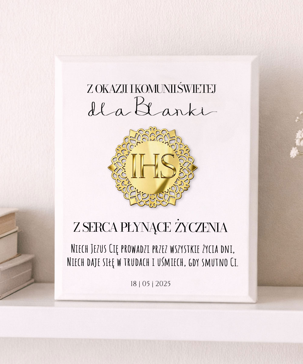 Personalizowany obraz komunijny – elegancka pamiątka Komunii ze złotym emblematem