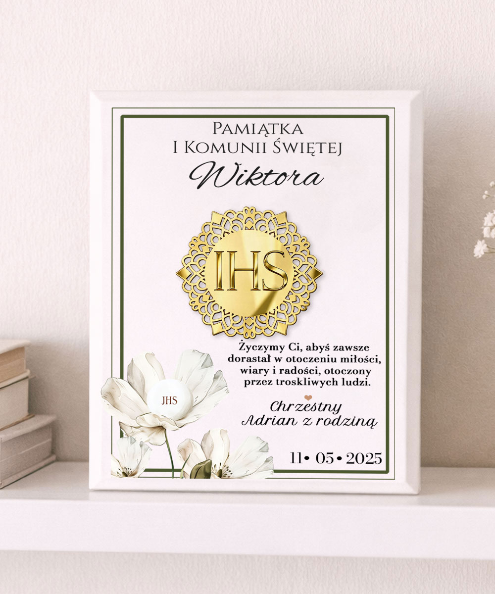 Elegancki obraz komunijny prezent od chrzestnych złoty IHS