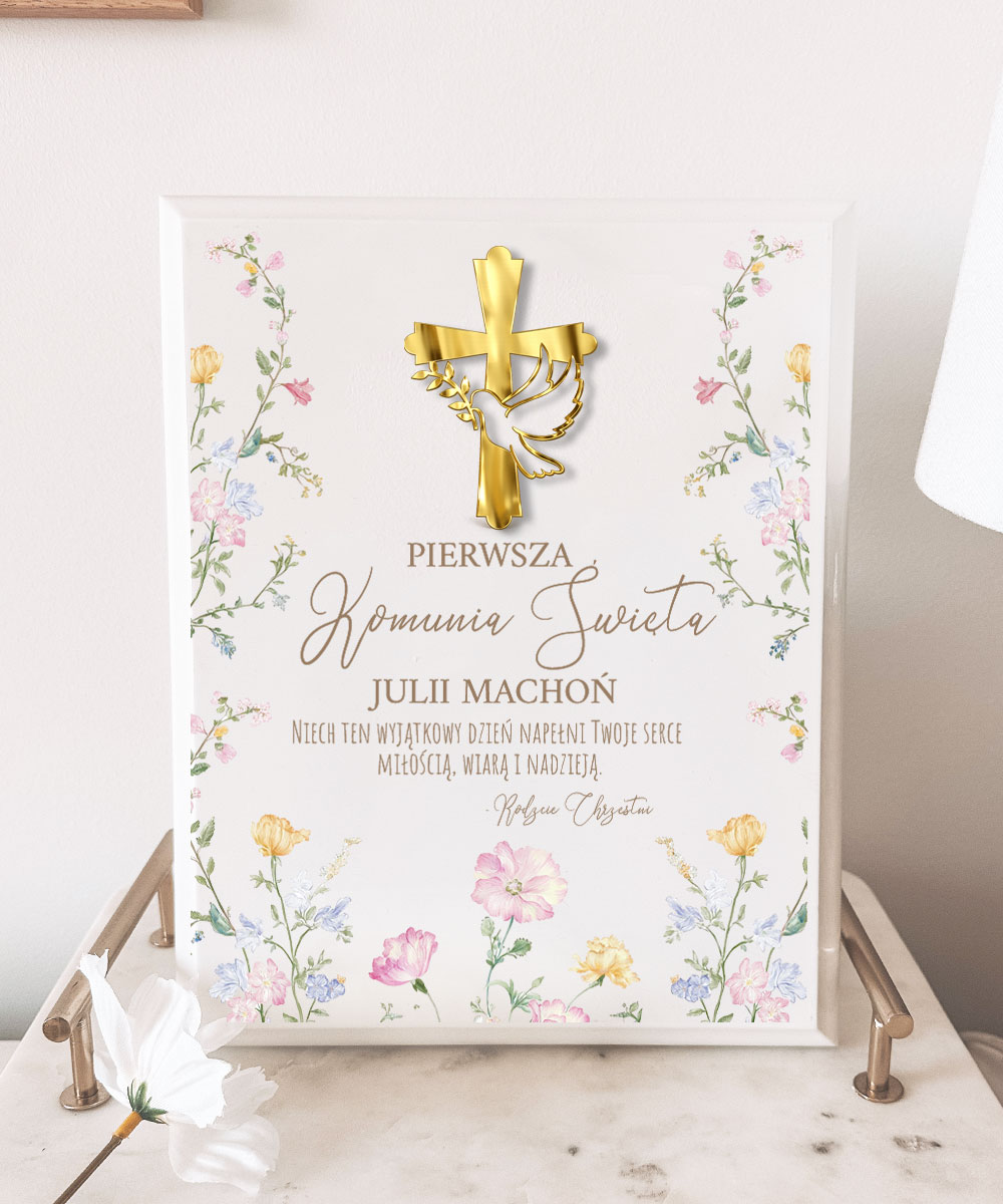 Prezent komunijny obraz religijny dla dziewczynki - Kwiatuszki