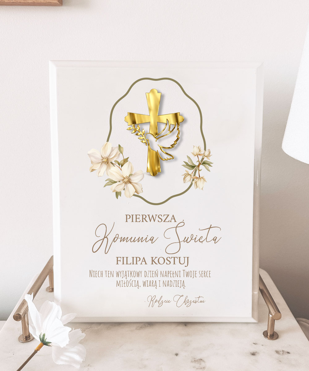 Obraz na Komunię dla chrześniaka – elegancka pamiątka zloty emblemat