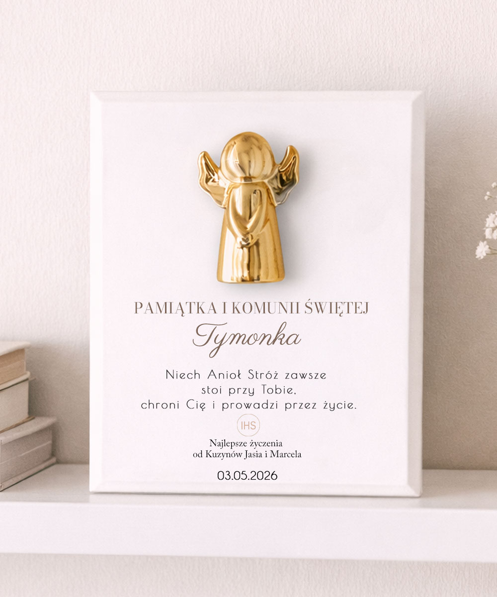 Pamiątkowy obrazek z okazji Pierwszej Komunii Świętej z figurką - Anioł Stróż