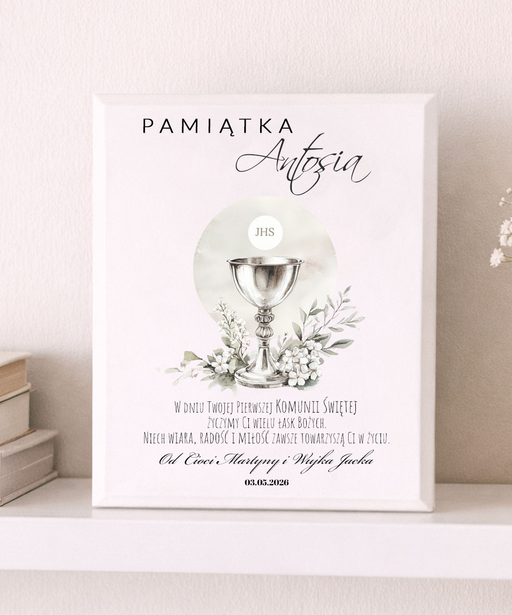 Elegancki prezent na Komunię – personalizowany obrazek z dedykacją Szary Kielich