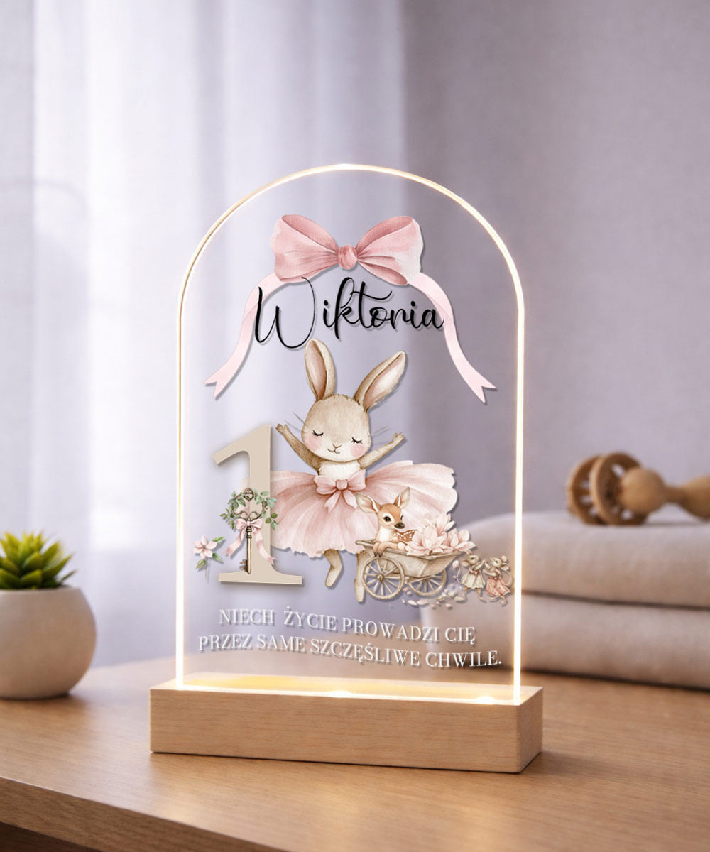 Prezent na roczek dla dziewczynki - Lampka nocna z nadrukiem - Króliczek i Sarenka