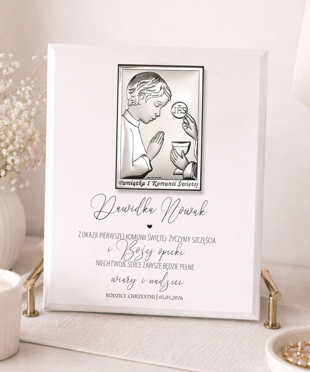 Obrazek na Komunię dla chłopca z srebrnym emblematem – personalizowany prezent