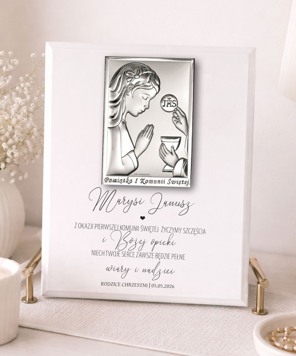 Obrazek na Komunię dla dziewczynki z srebrnym emblematem – personalizowany