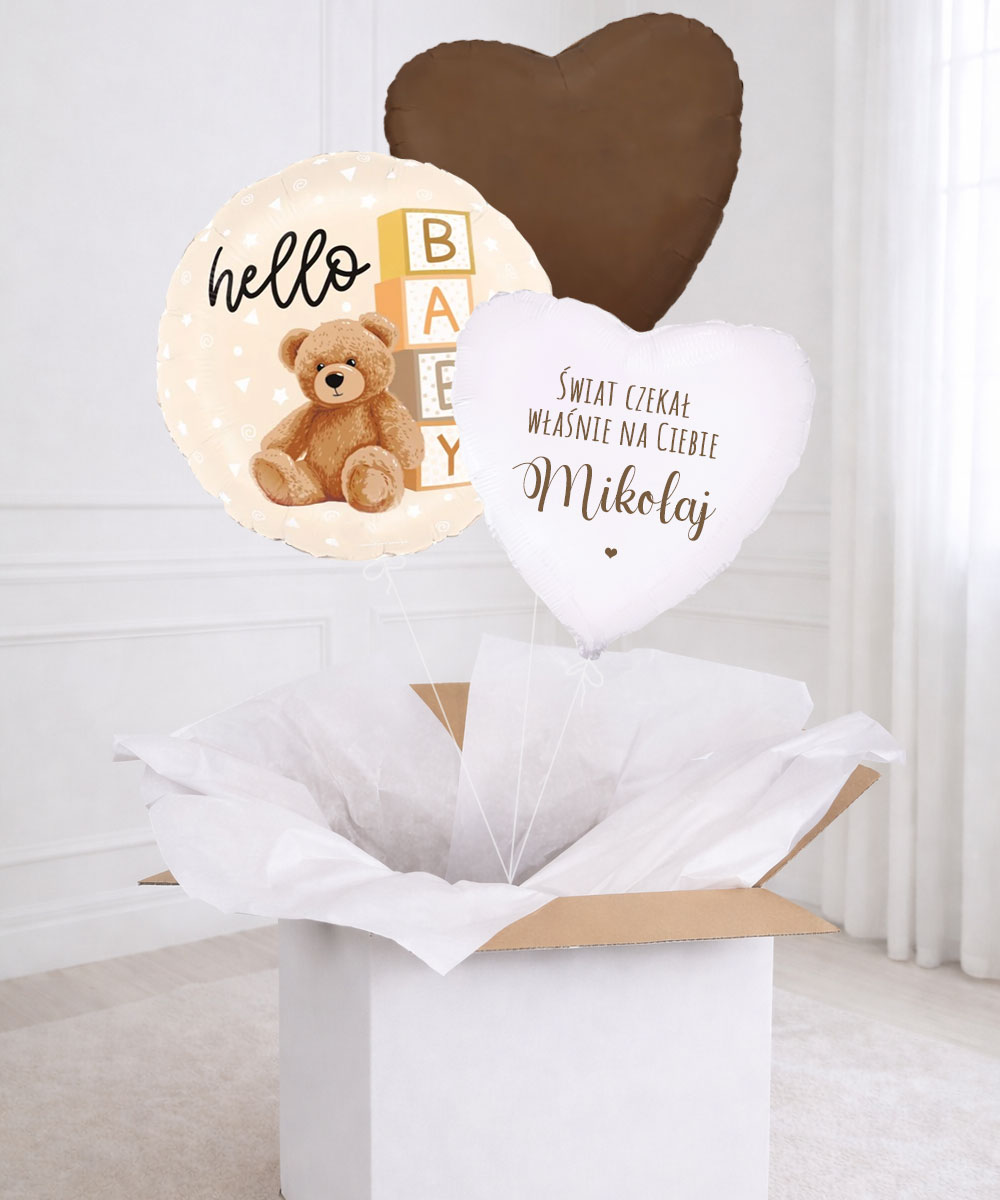 Niespodzianka na powitanie dziecka – balon z helem w pudełku Misiowe