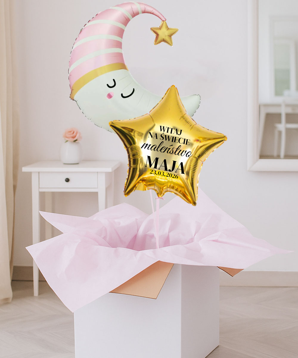Prezent na narodziny – balony z helem w pudełku – Księżycowe
