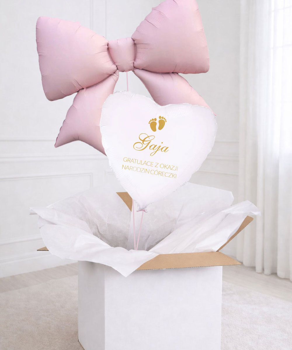 Niespodzianka na narodziny dziecka – balony z helem w pudełku Kokarda różowa