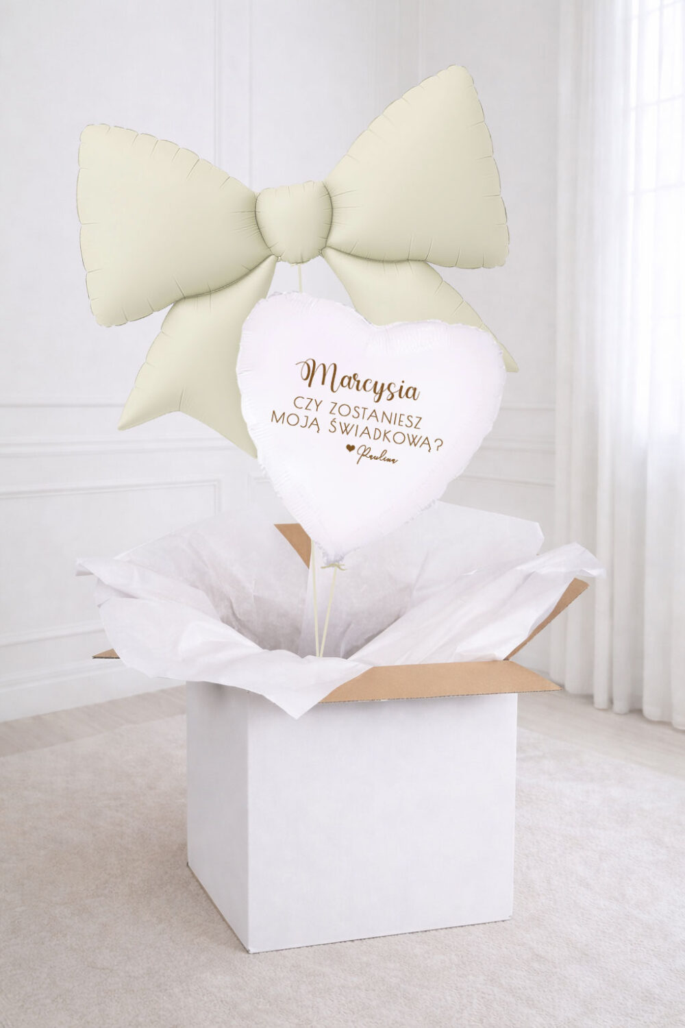 Pytanie o świadkowanie - prezent w pudełku - balony z helem Kokarda