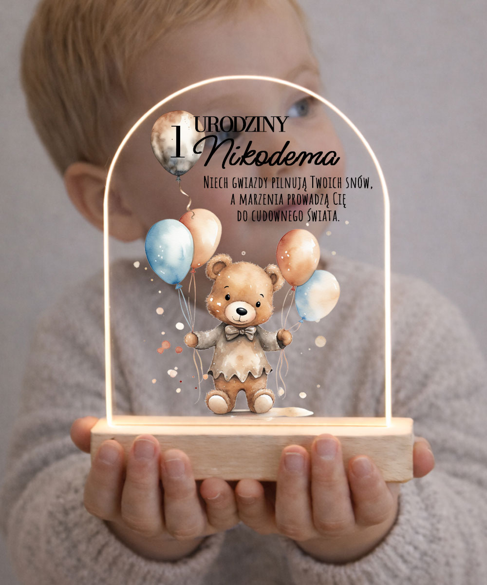 Prezent na roczek Lampka nocna dla dziecka – Miś z balonikami