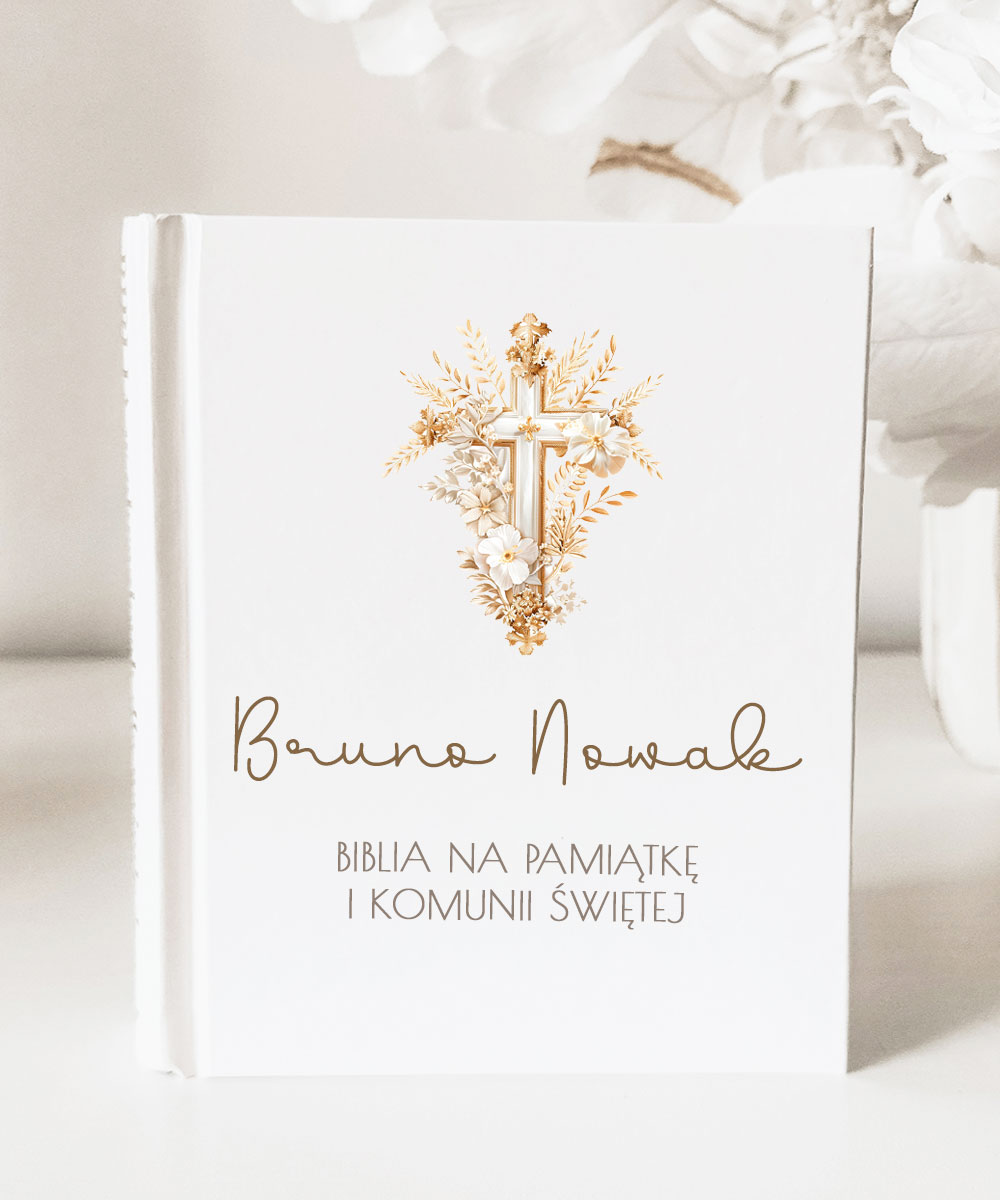 Biblia na komunię z personalizacją złoty krzyż