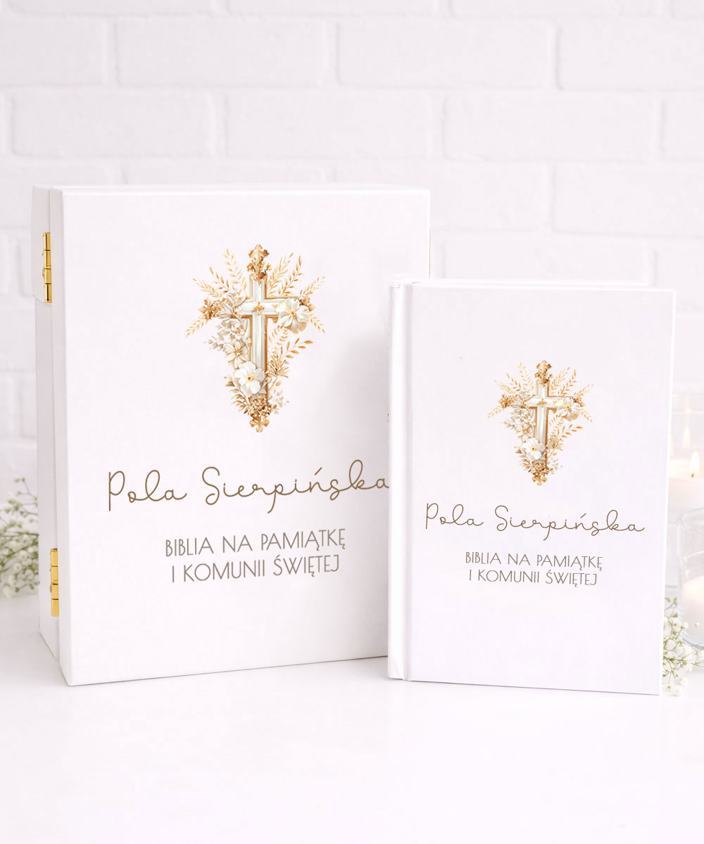 Biblia na komunię z personalizacją złoty krzyż