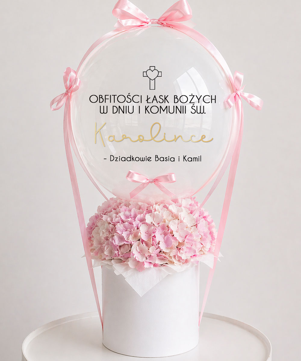 Eleganckie kwiaty w pudełku z balonem na komunię + personalizacja