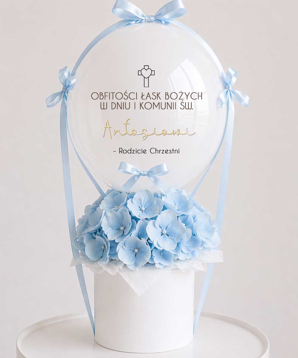 Nowoczesny prezent komunijny - kwiaty i balon w boxie