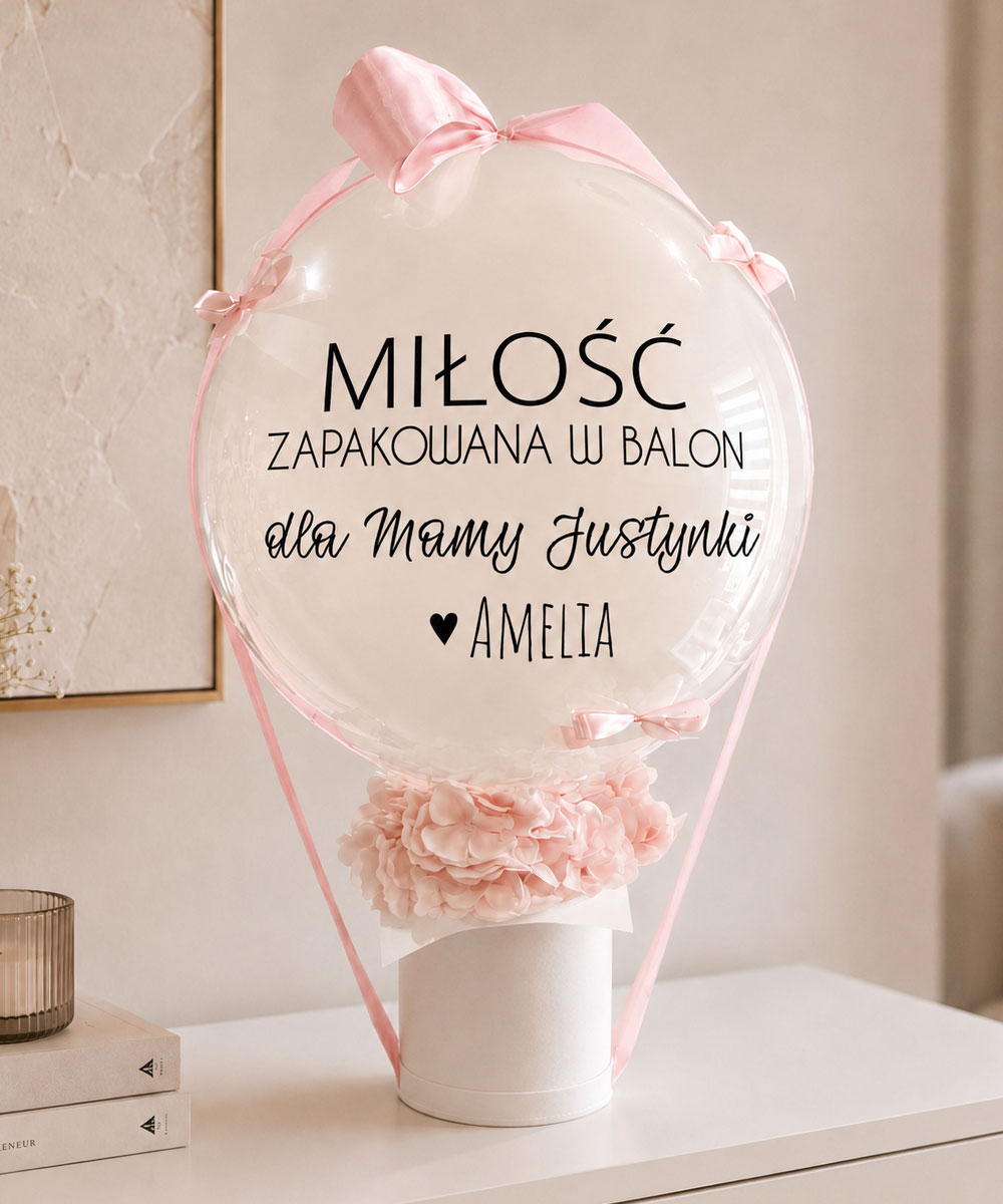 Eleganckie kwiaty w pudełku z balonem dla Mamy z imieniem