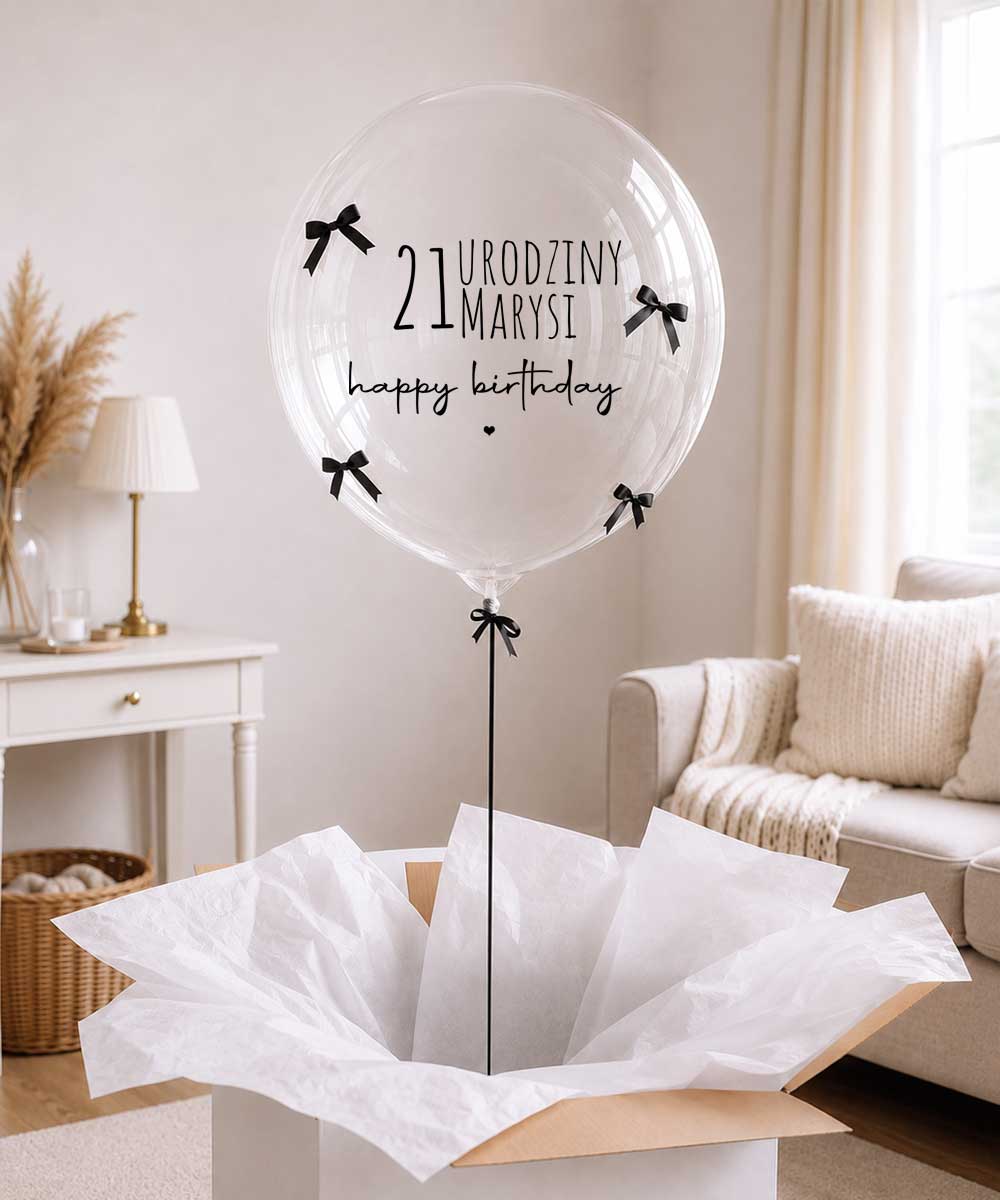 Balon z helem z wysyłką - duża przeźroczysta kula z imieniem i kokardami w pudełku