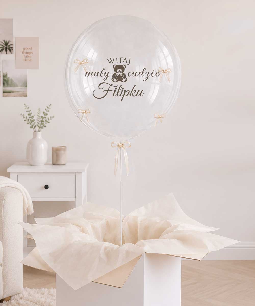 Balon kula z helem w pudełku z kokardkami beż- prezent dla noworodka