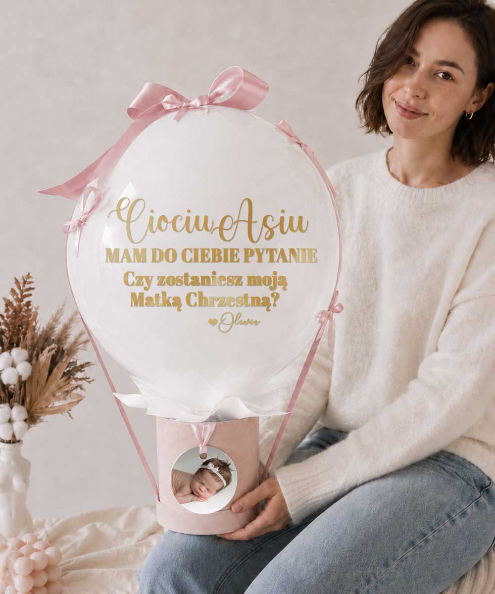 Prośba o bycie matka chrzestną ze zdjęciem dziecka – BalonBox pastel Róż