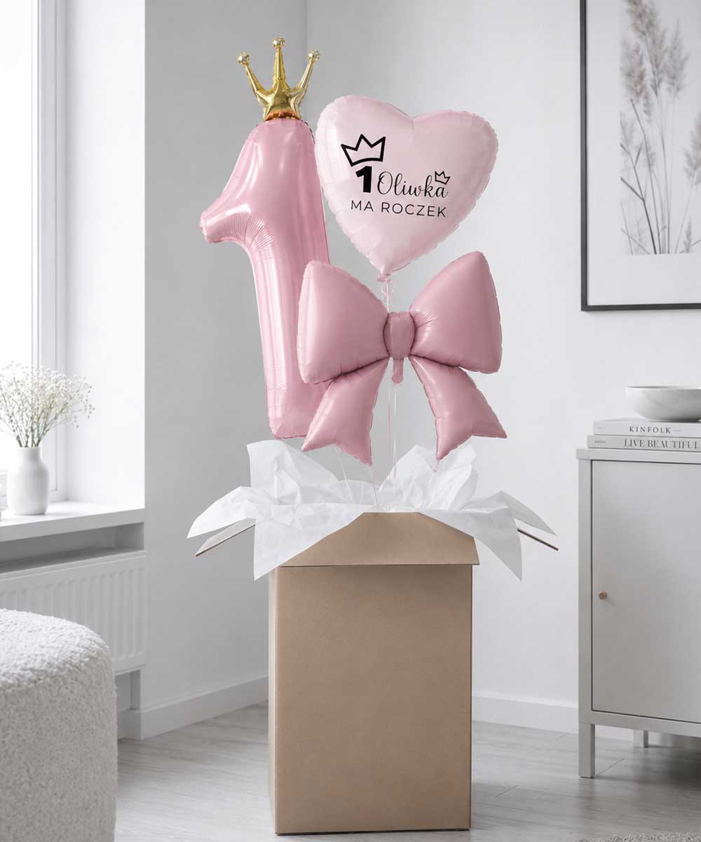 Balony z helem w pudełku - prezent na 1 urodziny z imieniem dla dziewczynki