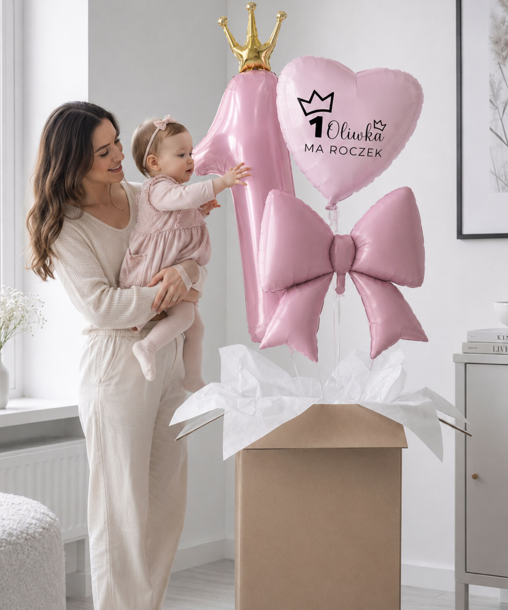 Balony z helem w pudełku – prezent na 1 urodziny z imieniem dla dziewczynki