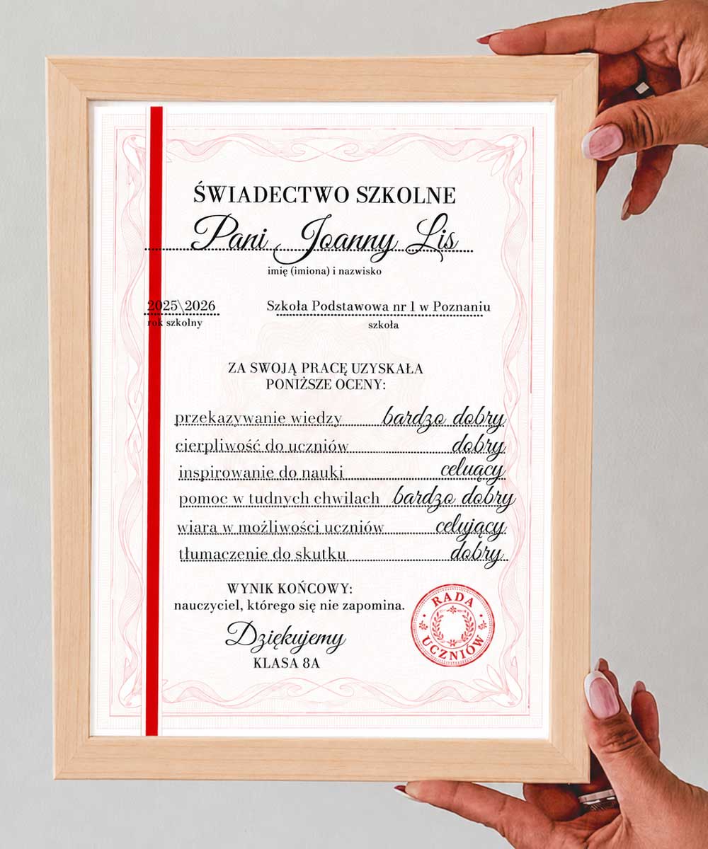 Świadectwo dla nauczyciela – obraz w ramie z personalizacją