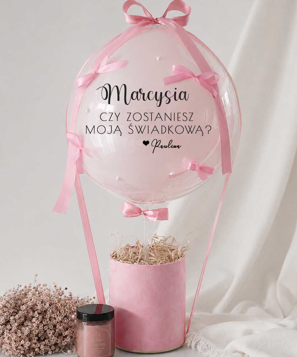 Prezent na pytanie o świadkową - balonBox różowy z perełkami i kokardkami