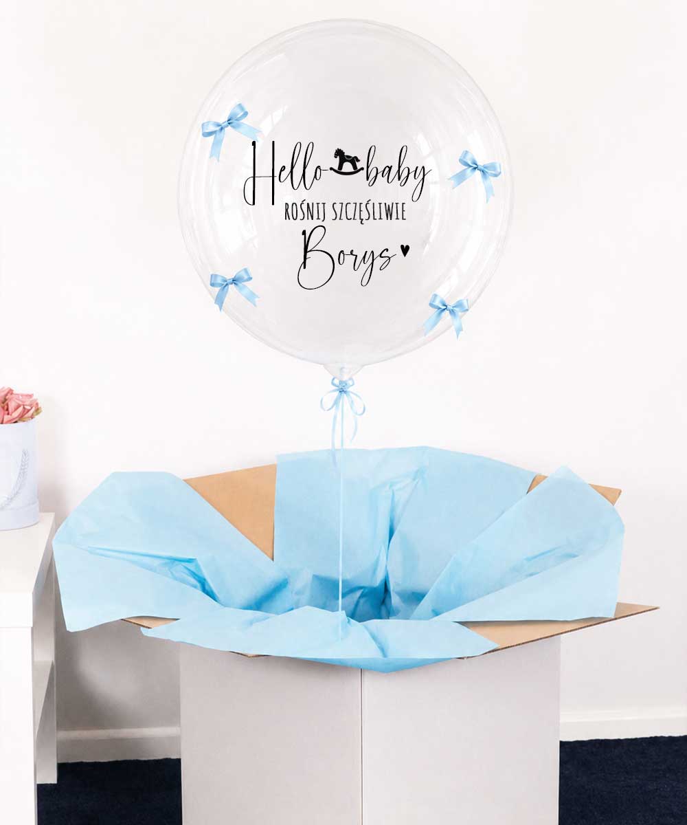 Personalizowany balon na narodziny dziecka w pudełku Kokardki Błękit