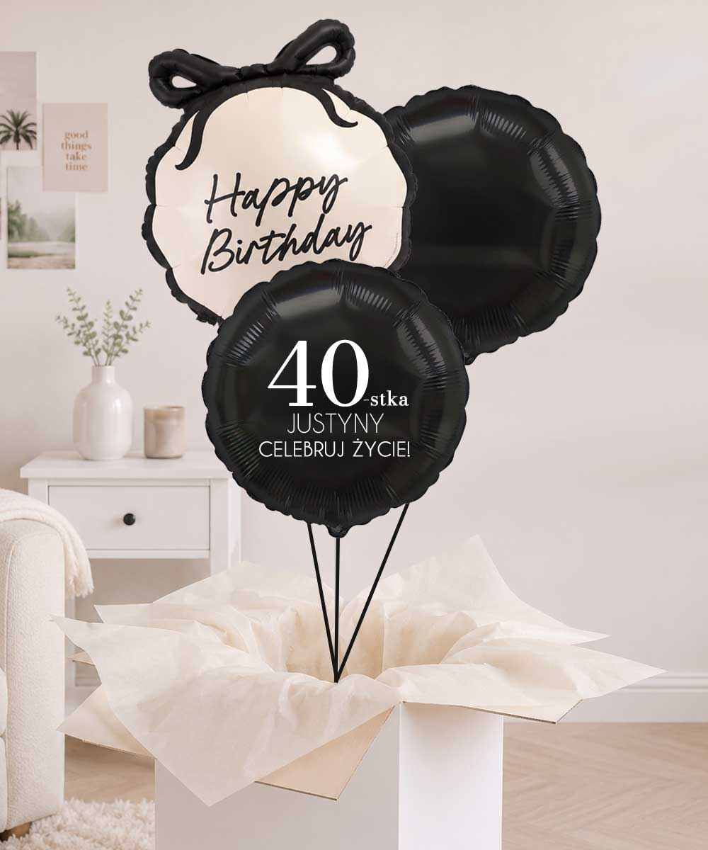 Prezent niespodzianka na 40 urodziny dla niej – balony z helem w pudełku + imię