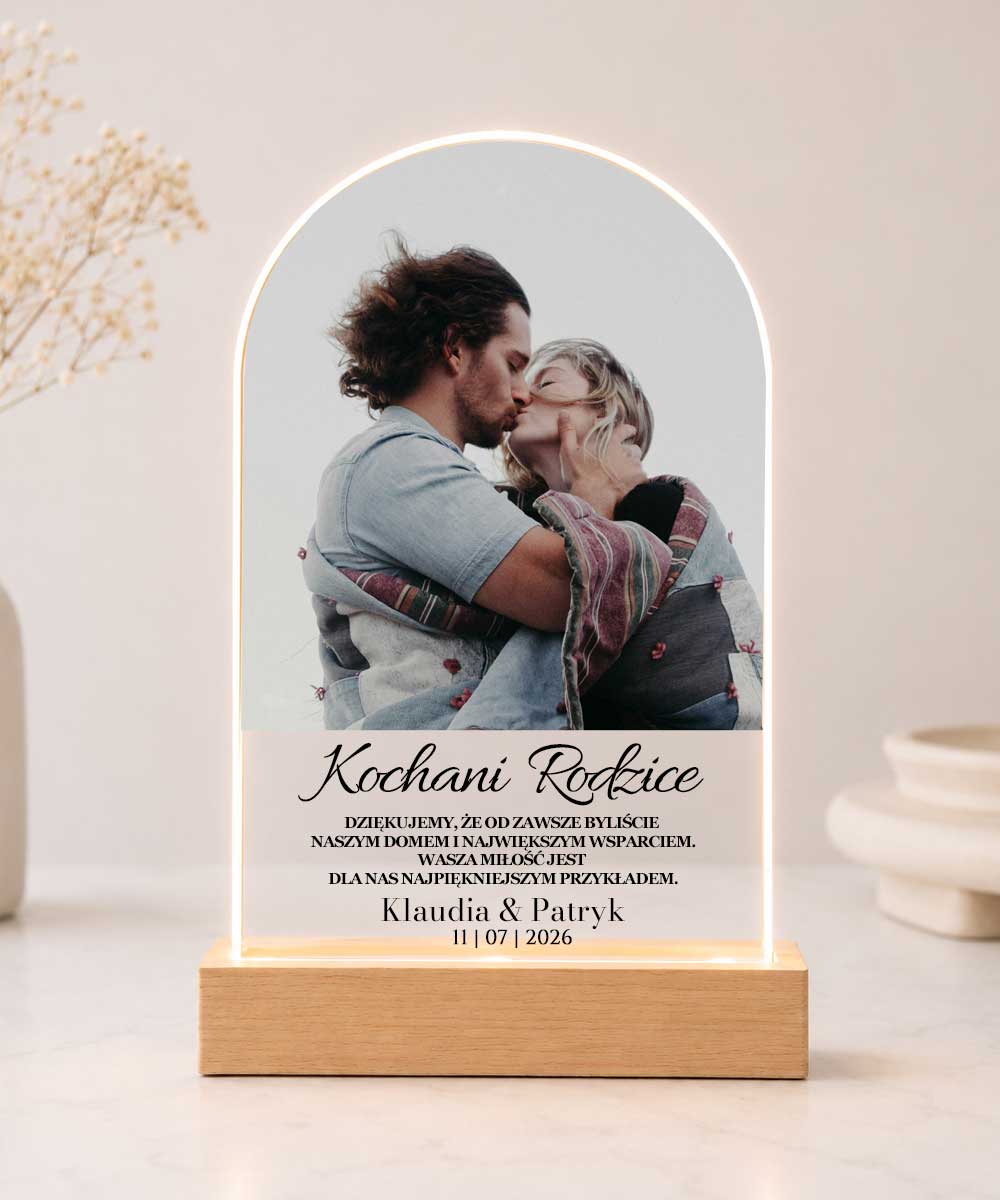 Statuetka podświetlana z dedykacją i zdjęciem dla Rodziców na ślub