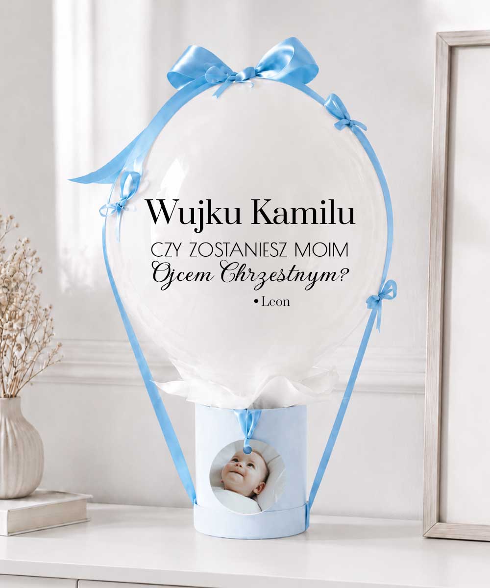 Prośba o ojca chrzestnego ze zdjęciem - BalonBox Błekit