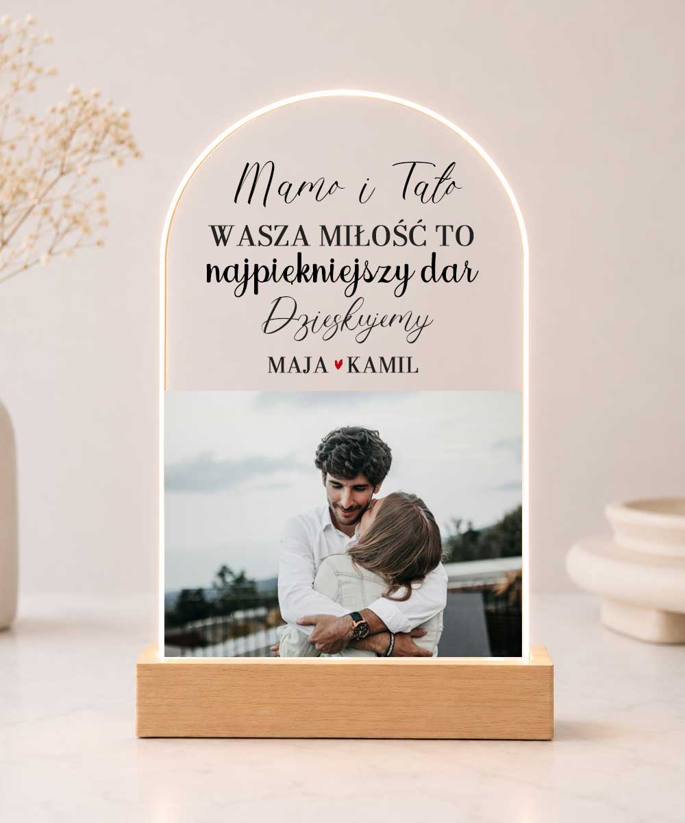 Podziękowanie ślubne dla Rodziców statuetka ze zdjęciem i podświetleniem