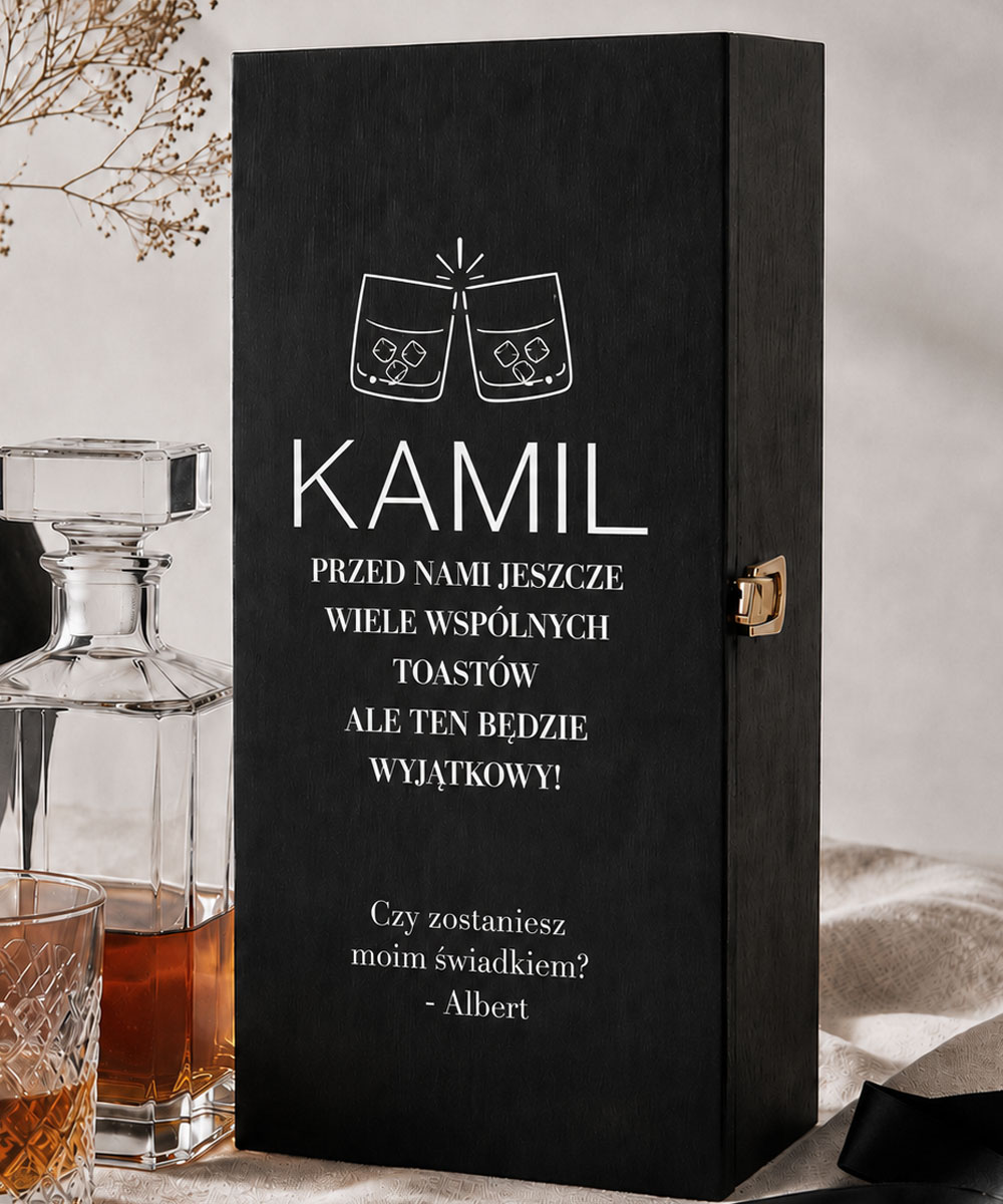 Skrzynka na whisky z pytaniem o bycie świadkiem – toast
