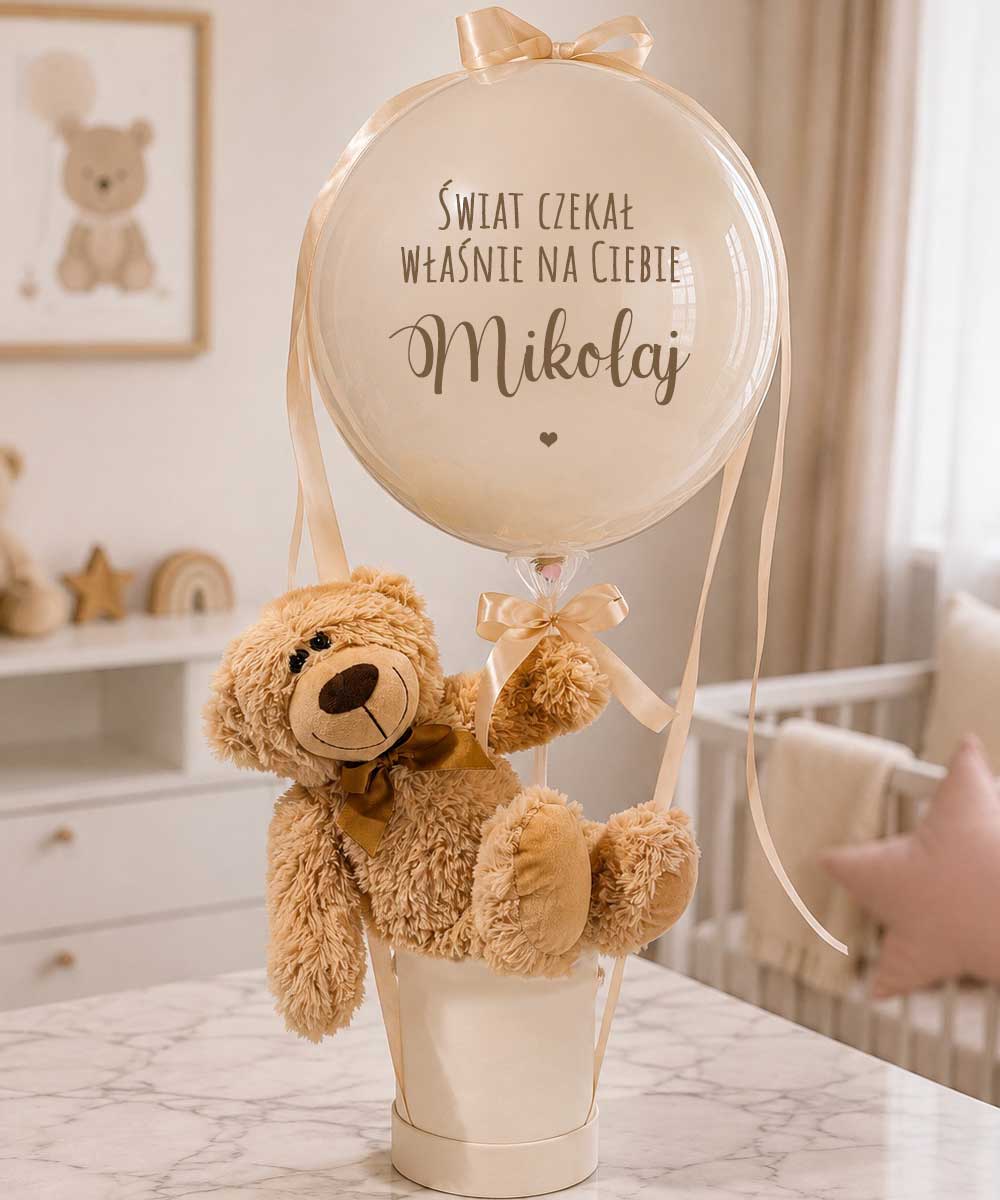 Duży prezent na narodziny – pluszowy miś w pudełku z personalizowanym balonem