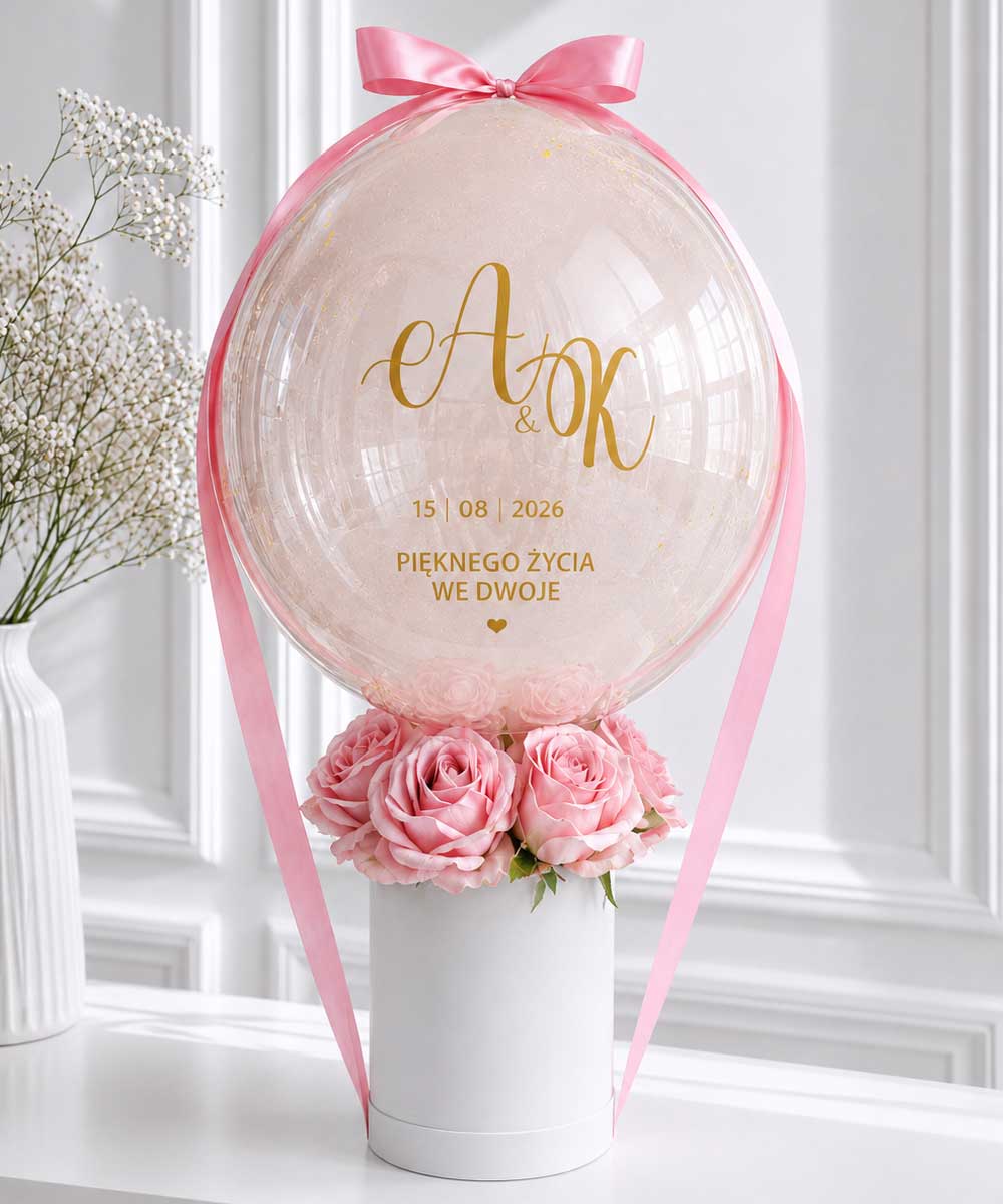 Personalizowany Balon Box ślubny z kwiatami – prezent dla Nowożeńców