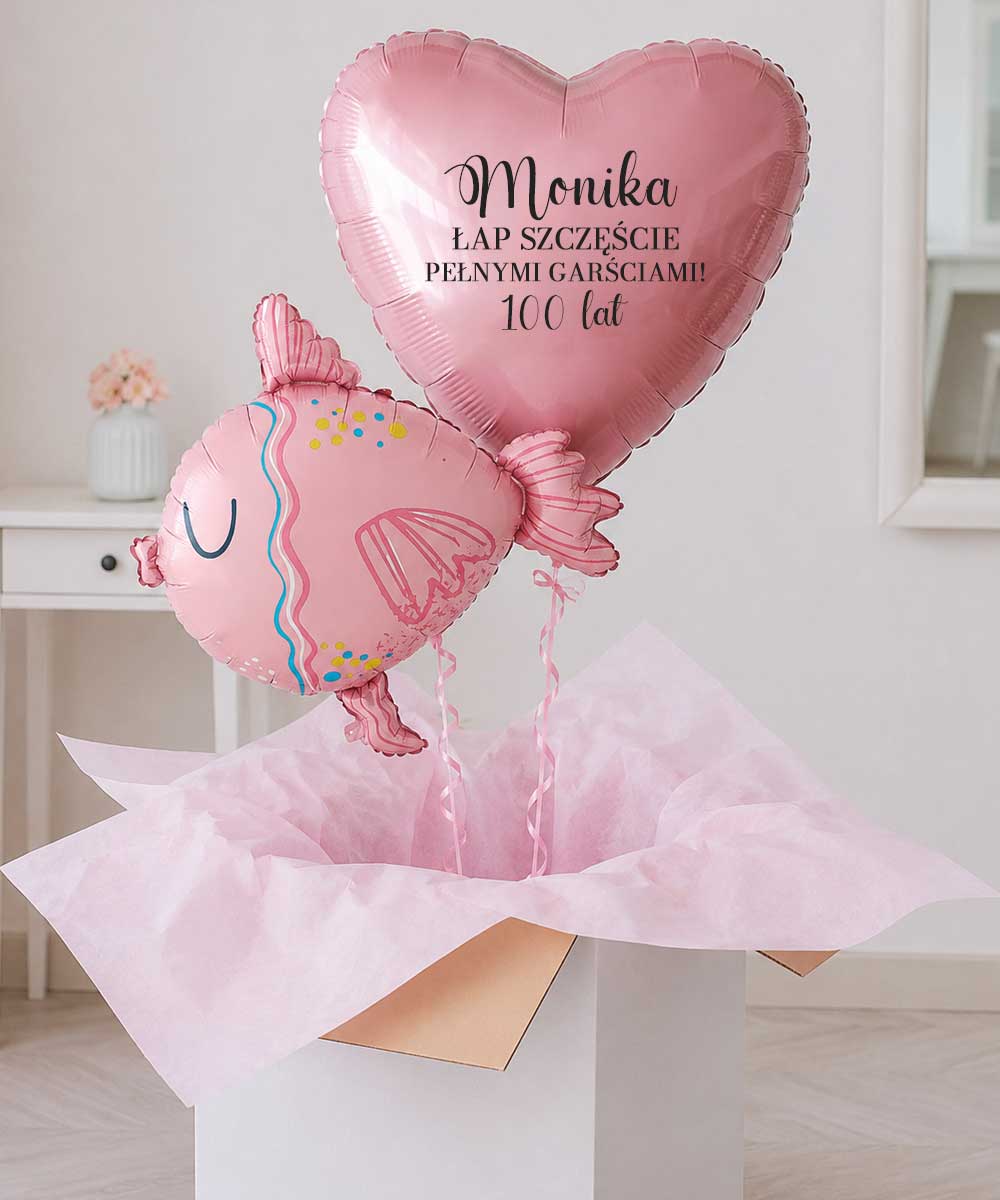 Prezent dla przyjaciółki xxl – balony w pudełku z imieniem RYBKA