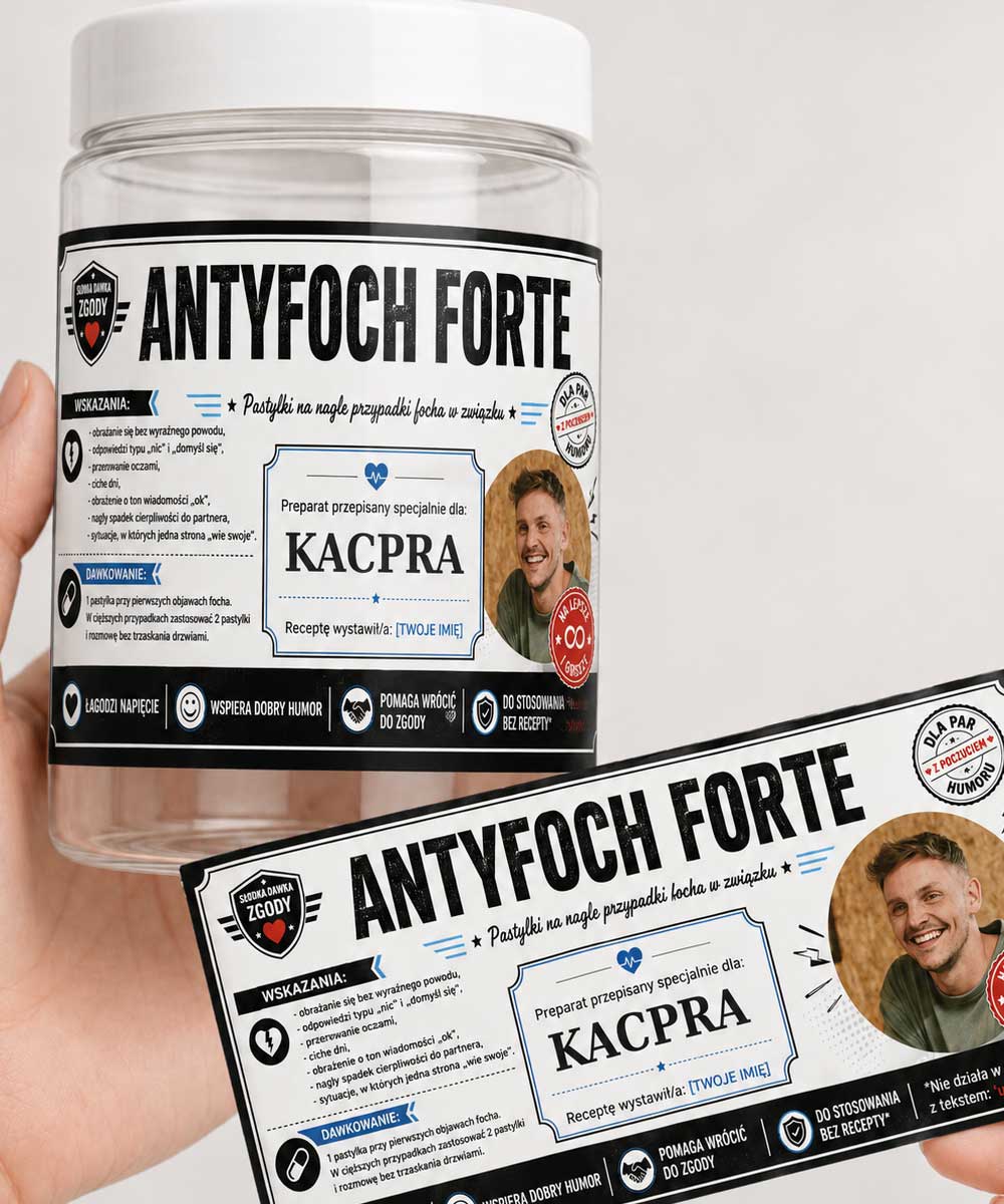 Zabawny prezent dla chłopaka - personalizowany pojemnik na cukierki ANTYFOCH FORTE